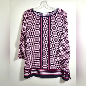 Croft & Barrow white pink blue design 3/4 sleeve tunic women's M  #1976